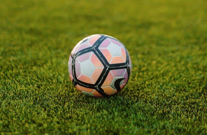 Soccer ball resting on a lush green field during a day match.